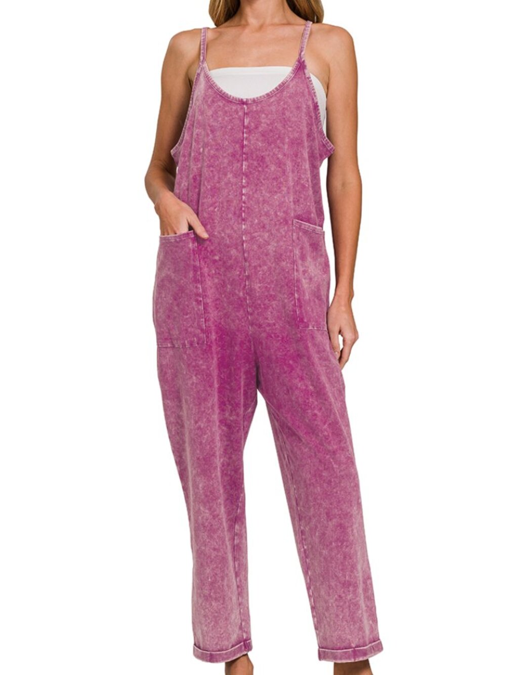 Washed Spaghetti Straps Overalls with Pockets - Lt Plum